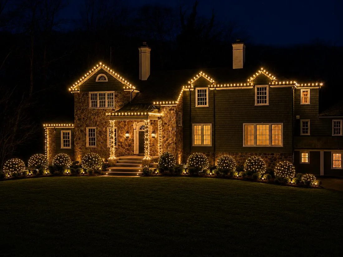 Stone home with warm white lights on every roofline and lit shrubs along the front