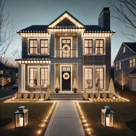 Two-story home with warm white lights on the roofline, columns and walkway